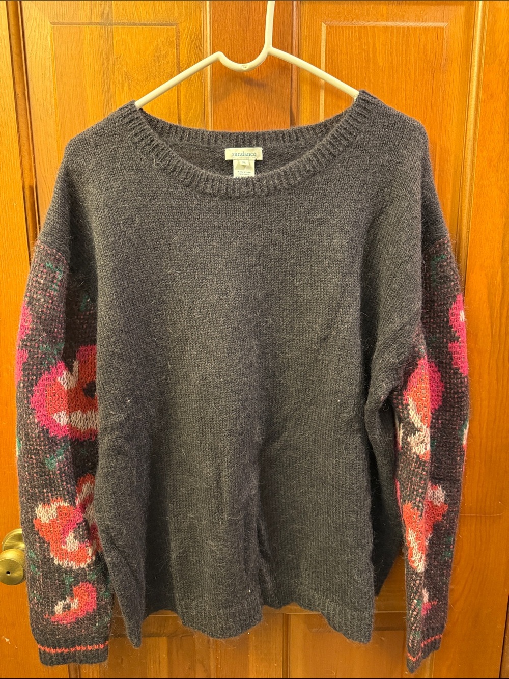 Sundance Dark Gray Crewneck Sweater with Pink Floral Sleeves